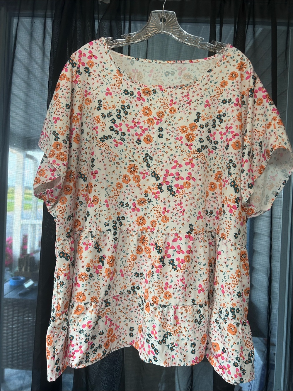 SHEIN Cream Floral tiered Blouse with Pink & Orange Blooms